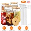 16Pcs Mason Jar Cups with Lid 16OZ Reusable Glass Beer Can with Bamboo Lids Glass Straws Cleaning Brush for Iced Coffee Smoothie Tea