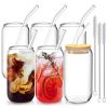 16Pcs Mason Jar Cups with Lid 16OZ Reusable Glass Beer Can with Bamboo Lids Glass Straws Cleaning Brush for Iced Coffee Smoothie Tea