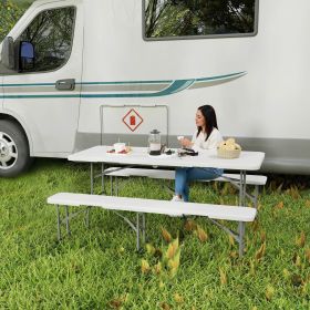 6FT 3 PCS Portable Camping Table and Chairs, Folding Picnic Table Bench Set with Carrying Handles for BBQ, Party, White