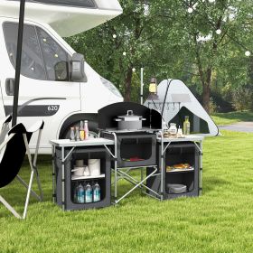 Portable Camping Kitchen Table with Storage Windshield for BBQ Picnic Black
