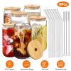 16Pcs Mason Jar Cups with Lid 16OZ Reusable Glass Beer Can with Bamboo Lids Glass Straws Cleaning Brush for Iced Coffee Smoothie Tea