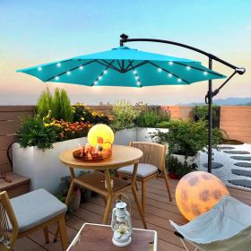 10 ft Outdoor Patio Umbrella Solar Powered LED Lighted Sun Shade Market Waterproof 8 Ribs Umbrella with Crank and Cross Base for Garden Deck Back (Color: Turquoise)