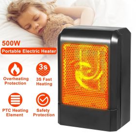 500W Portable Electric Heater PTC Ceramic Heating Fan 3S Heating Space For Home Office Use (Color: Black)